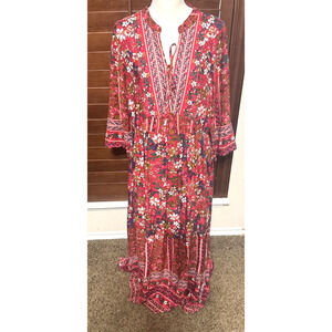 Jodifl Red Floral Maxi Dress Lace up V-Neck sz L boho hippie Long side slits